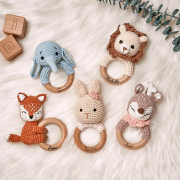 Handmade Crochet Animal Teething Ring – Baby Wooden Rattle Toy, Safe & Eco-Friendly Gift