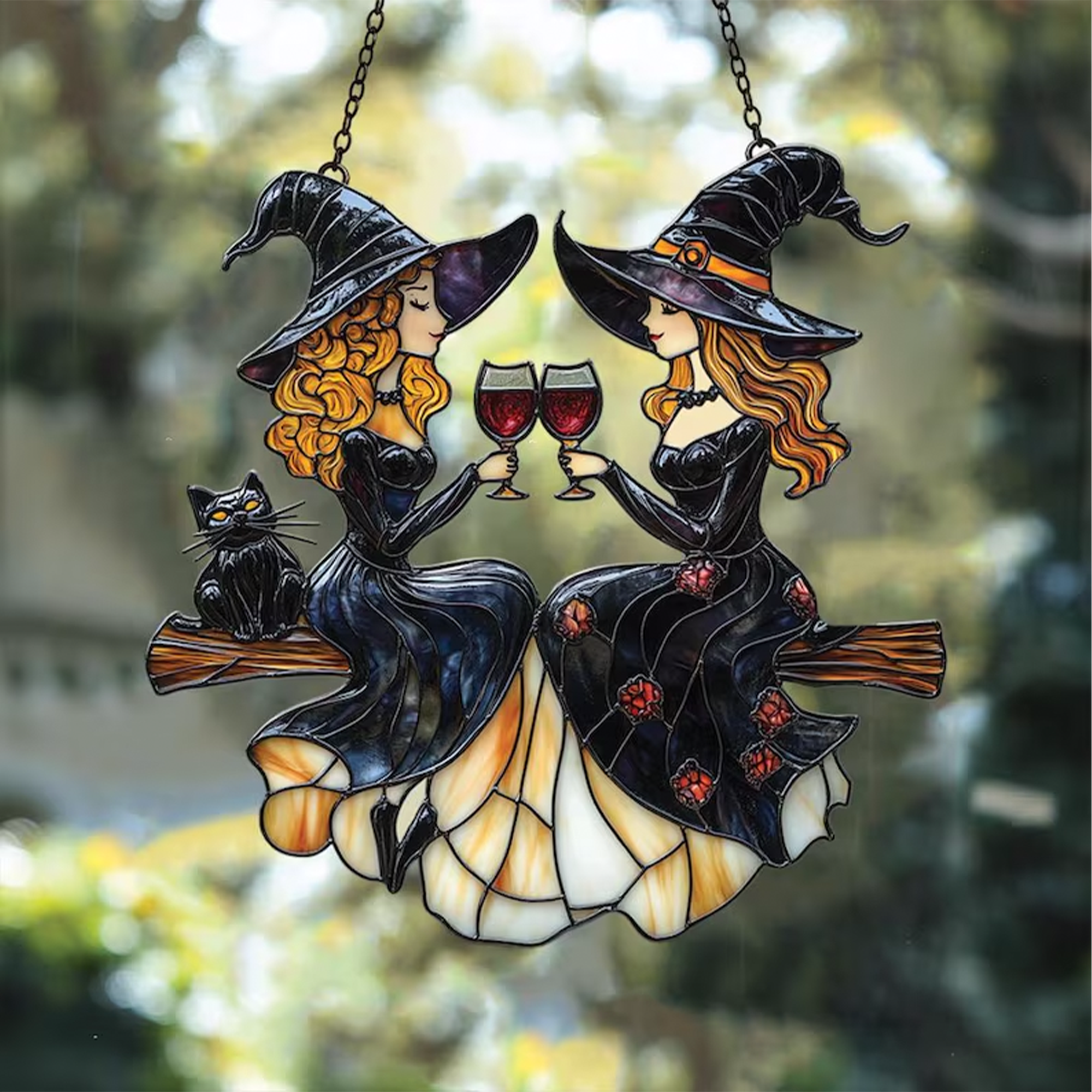 Stained Glass Witch Window Hanging – Handmade Halloween Gothic Home Décor