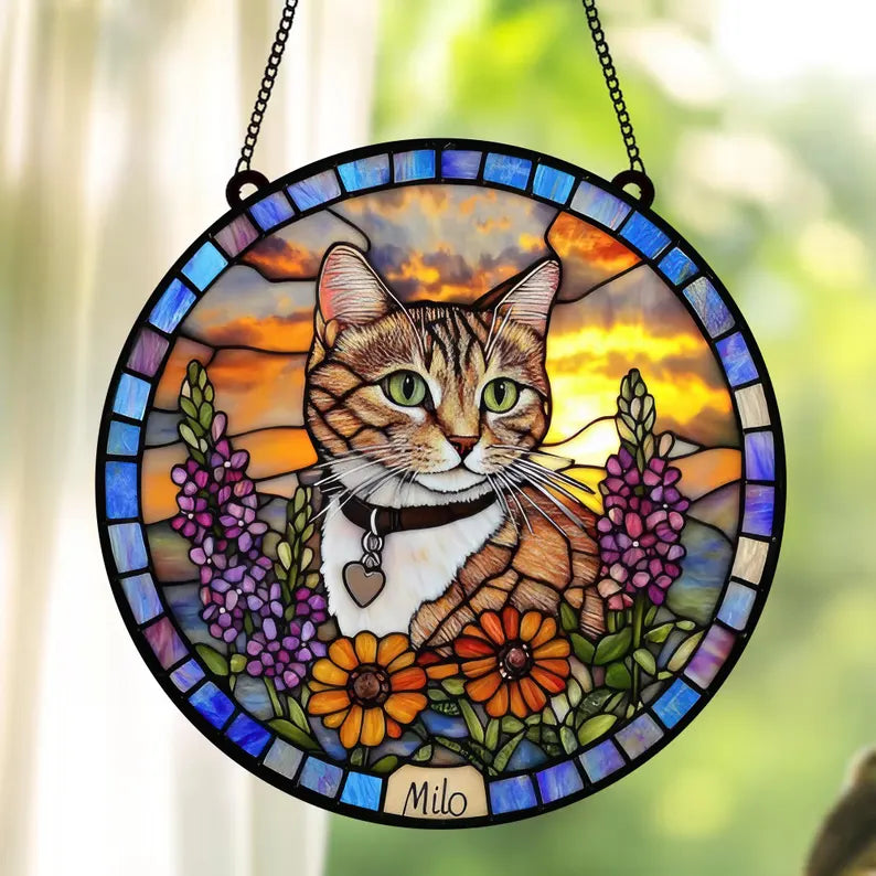 Personalized Cat Memorial Stained Glass, Loss of Pet Sympathy Gift, Cat With Name Suncatcher, Cat Suncatcher, Custom Pet Image Gift,LossCat
