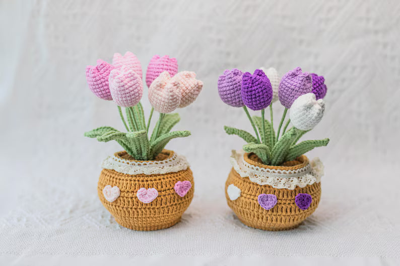 Handmade Crochet Tulip Flower Pot - Pink, Purple, Orange - Cute Gift for Her, Girlfriend, Friend, Colleague, Crochet Flower Bouquet